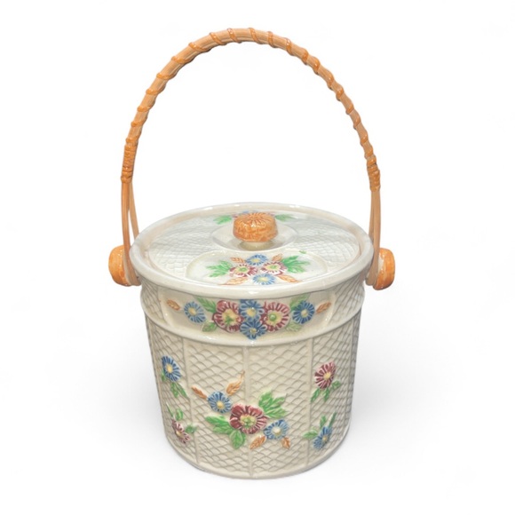 Vtg Hand painted Japanese Biscuit Jar w/floral with woven wicker handle cottage - Picture 1 of 4